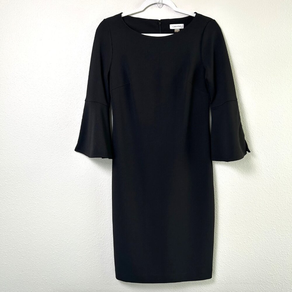 Calvin Klein Shift Dress Womens Size 6 Black Pearl Bell Sleeve Cocktail Classic